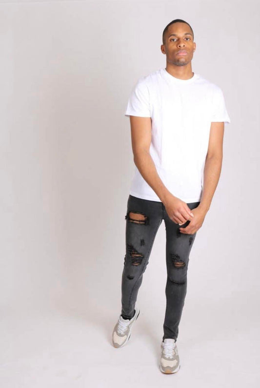 Jean Coupe Skinny Logan Avec Déchirures En Délavé Gris Foncé